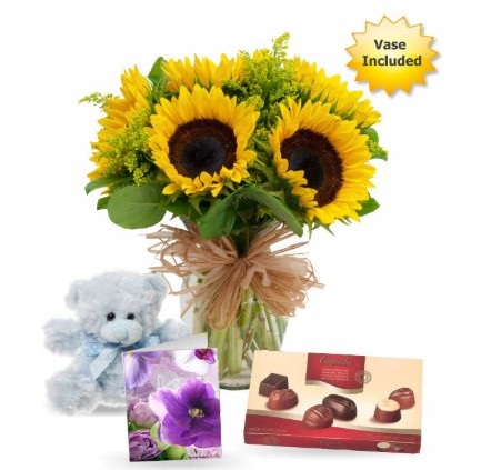 Sunflower with Teddy Bear and chocolate